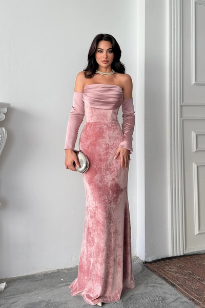 Feminist Drapeli Takma Kol Detaylı Kadife Abiye Pudra 0801068