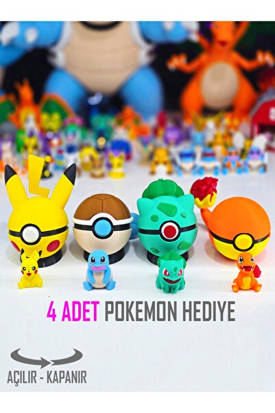 Suelo Butik 4 Adet Açılır-Kapanır Pikachu, Balbazar, Charmander, Squirtle Pokemon Temalı Pokeball Poketopu