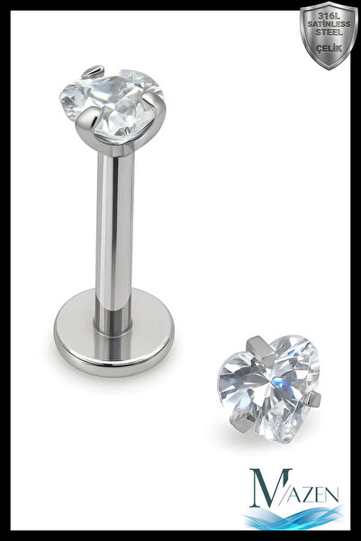 MAZEN 316l Paslanmaz Kararmaz Cerrahi Çelik Zirkon Taşlı 8mm Bar Tragus Helix Kıkırdak Kalp Model Piercing