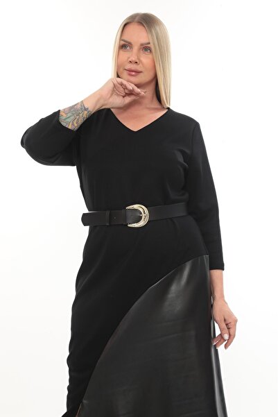 etselements V-Neck Belt Detailed Leather Garnil Dress Ets1012