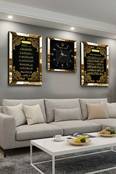 Zevahir Mobilya Dekorasyon Gold Aynalı Pleksi Çerçeveli Ayetel Kürsi Fatiha Süresi Ve Esmaül Hüsna Üçlü Mdf Tablo Ve Saat Seti