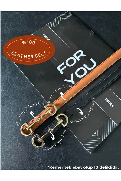 Fiori 2'li Hakiki Bombeli Deri Uzun Tokalı Ince Kadın Kemeri, Ceket Kemeri, G...