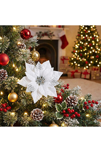 DODOMAR 1 Adet Yılbaşı Ponsetya Çiçeği - Beyaz Üstü Gümüş Lüks Dekoratif Yapa...