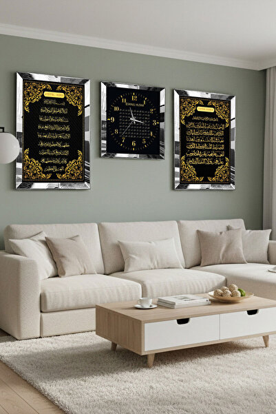 Zevahir Mobilya Dekorasyon Gümüş Aynalı Pleksi Çerçeveli Ayetel Kürsi Fatiha Süresi Ve Esmaül Hüsna Üçlü Mdf Tablo Ve Saat Seti