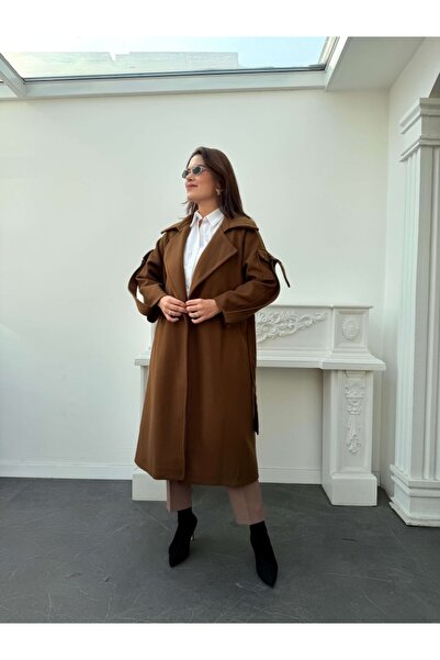 Elif Özbey Butik Acı Kahve Kolları Cep Detaylı Premium Kaban