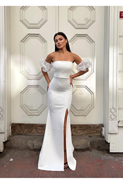 Modafeminen Scuba Esnek Kumaş Straplez Kol Pile Detaylı İncili Abiye Elbise 5...