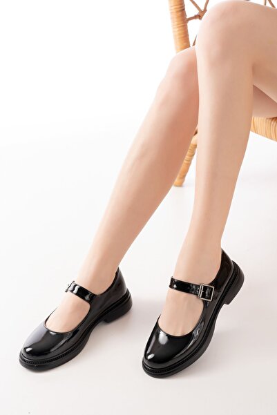 KAOF SHOES حذاء نسائي أسود من الجلد اللامع ماري جين كلاسيكي حذاء راقصة البالي...