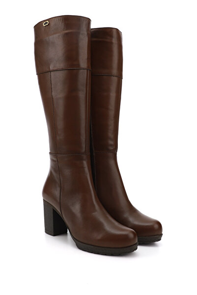 GÖNDERİ(R) Women/Girls Brown Zippered Thick Heeled Genuine Leather Boots