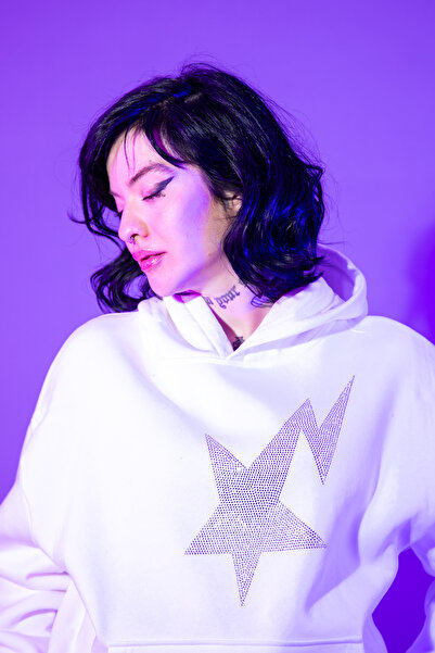 Sekizbiraltı Shining Star Stone Print Oversize Unisex Premium White Hoodie