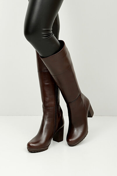 GÖNDERİ(R) Women/Girls Brown Zippered Thick Heeled Genuine Leather Boots