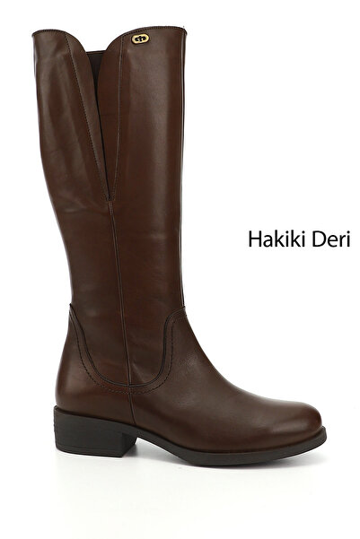 GÖNDERİ(R) Γυναικείες / Κορίτσια Καφέ Αντίκες Μπότες από Γνήσιο Δερμάτινο Χοντρό Τακούνι με Φερμουάρ