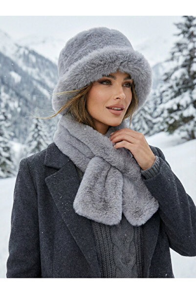 Luminos Butik Жіночий сірий 2-комплект плюшевий капелюх-відро, шарф та комір Set02
