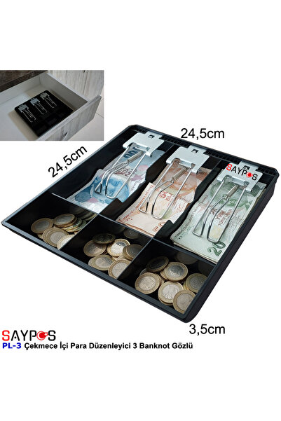 SAYPOS Metal Mandallı Rampalı Çekmece İçi Para Düzenleyici 3 Banknot 3 Bozuk Para Gözlü 24,5x24,5x3,5cm
