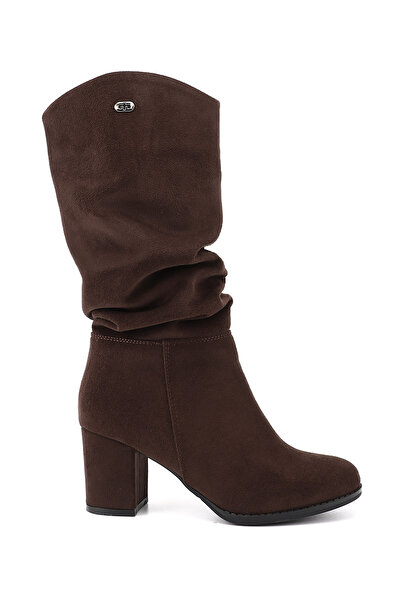 GÖNDERİ(R) Γυναικείες μπότες με χοντρό τακούνι σε σκούρο καφέ σουέντ με στρογγυλή μύτη