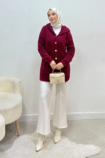 Tesettür Diyarı Carel Gold Buttoned Hooded Pocket Cardigan - Claret Red Stand...
