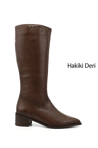 GÖNDERİ(R) Women's Brown Pointed Toe Thick Heeled Genuine Leather Boots