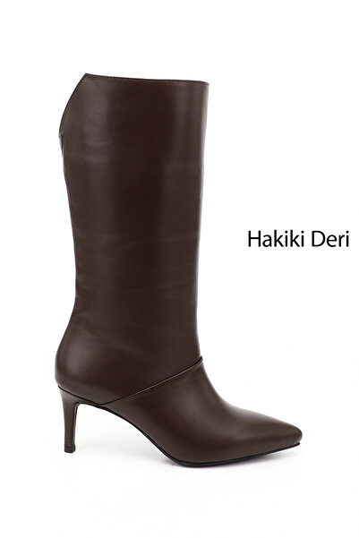 GÖNDERİ(R) Women's Brown Platinum Zippered Thin Heeled Genuine Leather Boots