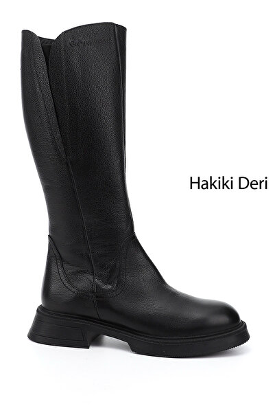 GÖNDERİ(R) Kadın Siyah Floter Fermuarlı Kalın Topuklu Hakiki Deri Çizme