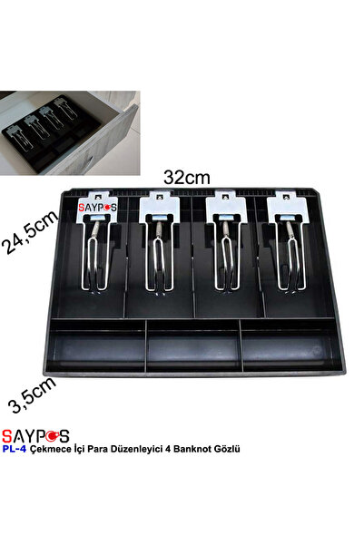 SAYPOS Metal Mandallı Rampalı Çekmece İçi Para Düzenleyici 4 Banknot 3 Bozuk Para Gözlü 32x24,5x3,5cm