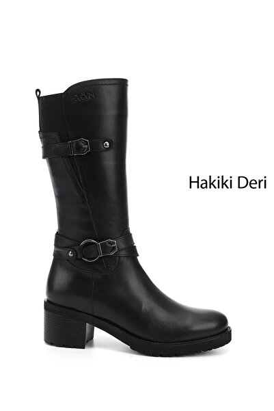 GÖNDERİ(R) Kadın Siyah Fermuarlı Kalın Topuklu Hakiki Deri Çizme