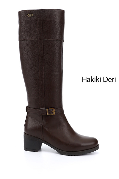 GÖNDERİ(R) Kadın Koyu Kahve Floter Fermuarlı Kalın Topuklu Hakiki Deri Çizme