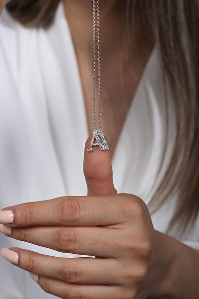 SUNSHINE 925 Ayar Rodyum Kaplamalı Pırlanta Görünümlü A Harfi Gümüş Kolye