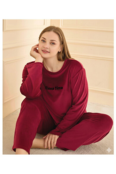 MEBA Women's Velvet Text Printed Plus Size Pajama Set