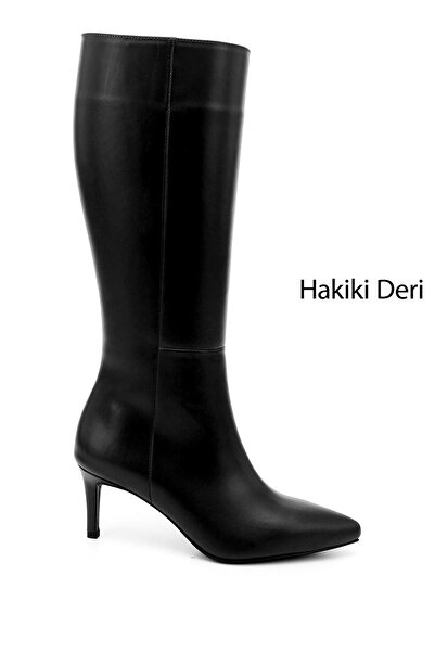 GÖNDERİ(R) Women's Black Platinum Zippered Thin Heeled Genuine Leather Boots