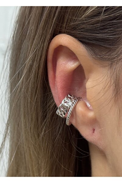 KİLİGİSTANBUL Gümüş Renk Zincir&burgu 2'li Earcuff