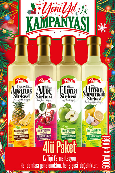Paşa Kuruyemiş Paşa Premium 4’lü Sirke Seti – Detoks Ananas, Elma, Alıç ve Limon Sarımsak Sirkesi