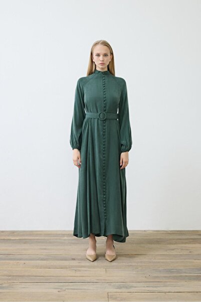 TERZİ DÜKKANI PRİME TAŞLANMIŞ İPEK BRİT DÜĞMELİ ELBİSE HAKİ