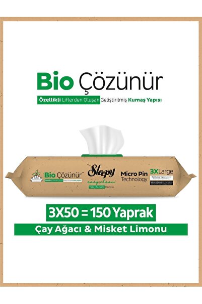 Sleepy Bio Çözünür Yüzey Temizlik Havlusu&mendili Çay Ağacı&misket Limonu 3x50 (150 YAPRAK)