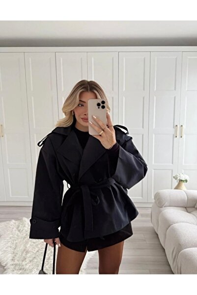 YAMAN Kemerli Oversize Kısa Trençkot