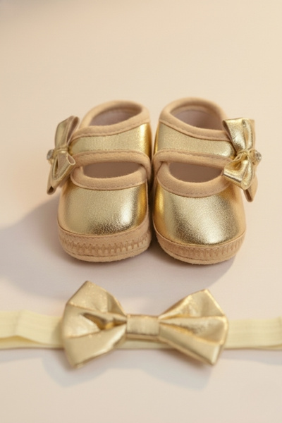 LOGO AKSESUAR 0-3 Months Newborn Baby Bandana and Booties Set - Gold Foil