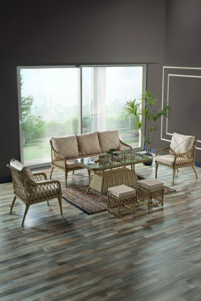 Evdemo Joy Rattan Puflu Bahçe Balkon Takımı 3+1+1+Camlı Masa Cappuccino