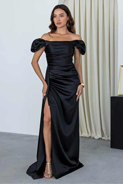 Feminist Drape Detaylı Siyah Saten Abiye Elbise 9704858