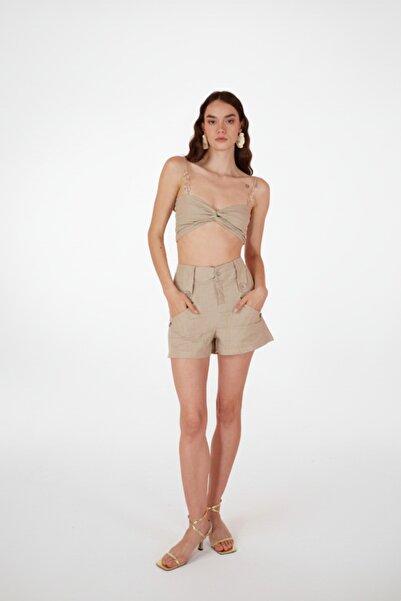 HOLLY LOLLY Koton Kumaş Astarlı Mini Rise Şort Bej