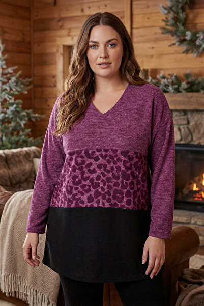 Stil Diva Plus Size V-Neck Long Sleeve Plush Sweatshirt 285053
