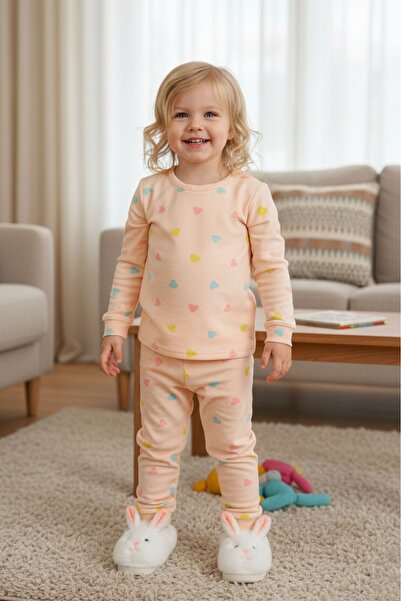 LUESS Kız Çocuk Termal Soft Pembe Kalpli Pijama Takımı (2-3 yaş 8-9 Yaş)