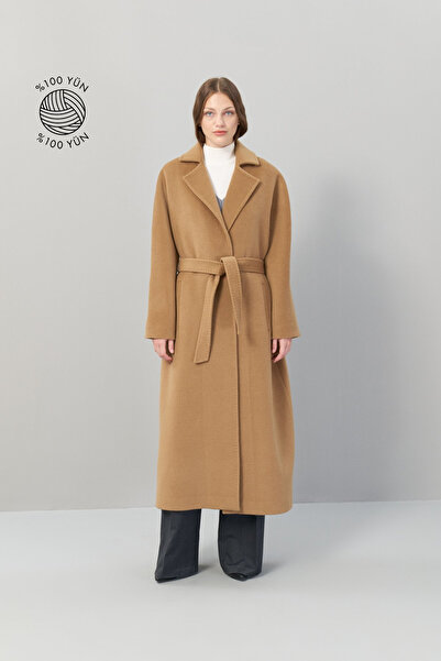 Roman Beli Bağlamalı Dokuma Midi Boy %100 Yün Kaban Taba K2519003_022