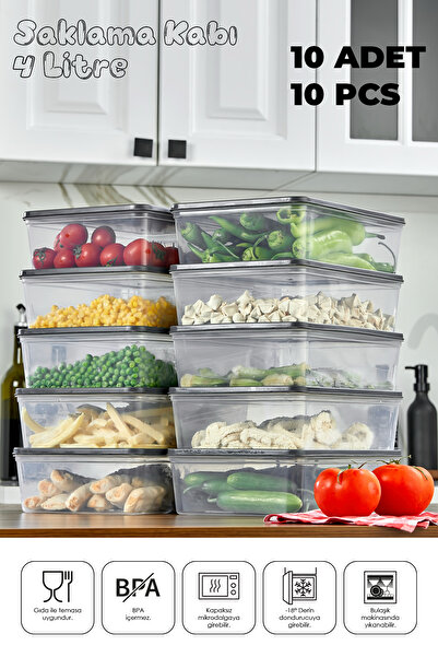 Mefa Mutfak Refrigerator Organizer Storage Container Suitable for Microwave and Freezer Set of 10 - 4 Lt-Anthracite