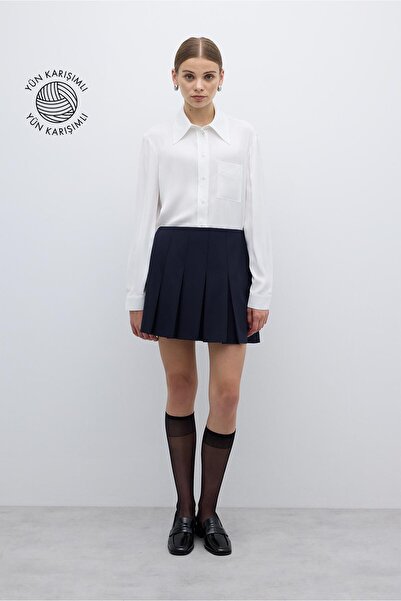 Roman Yün Karışımlı Pileli Mini Etek Lacivert K2615025_015