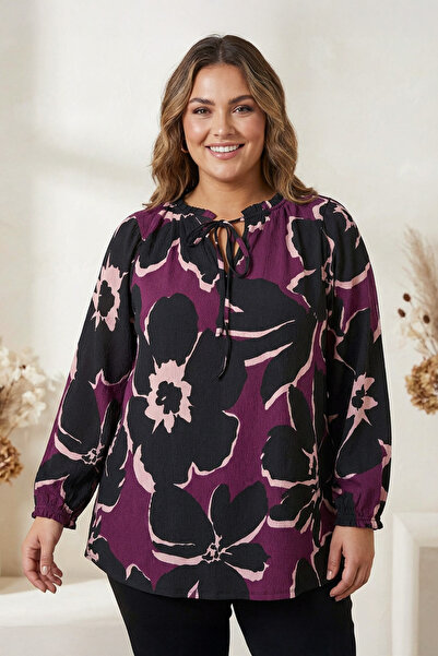 Stil Diva Plus Size Tie Neck Long Sleeve Floral Print Blouse 616410