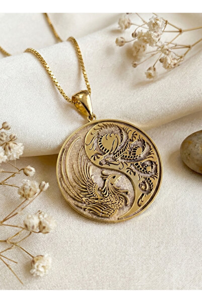 sevy jewelry Yin Yang Anka Ve Ejderha 925 Ayar Gümüş Kolye , Dragon Japon, Gold