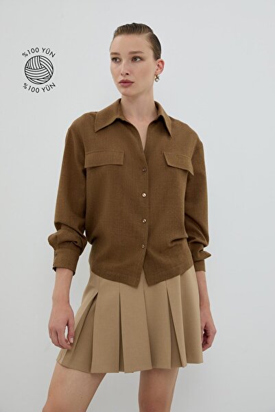 Roman %100 Yün Süs Cep Kapaklı Gömlek Kahve K2613531_005