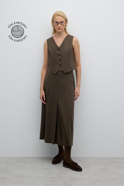 Roman Önden Yırtmaçlı Pileli Midi Boy Etek Kahve K2615010_005