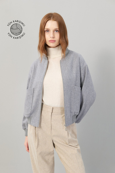 Roman Kaşmir ve Yün Karışımlı Çift Cepli Fermuarlı Mont Gri K2517511_004