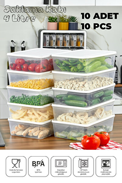Mefa Mutfak Refrigerator Organizer Storage Container Suitable for Microwave and Freezer Set of 10 - 4 Lt-White