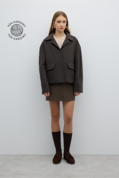 Roman Çift Cepli Önden Çıtçıtlı Yün Karışımlı Mont Kahve K2617521_005