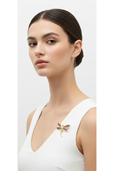 MODAMİRA AKSESUAR Taş Detaylı Yusufçuk Broş (Boy:4 cm - En3,5 cm)Zümrüt Yeşili ve Kırmızı